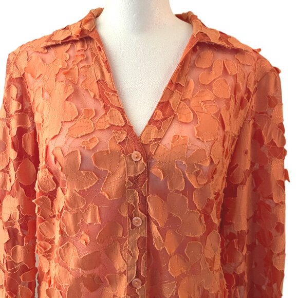 Multiples Tangerine Brocade Button Up Sheer Top 3D Applique Flowers Size Medium - Picture 5 of 9